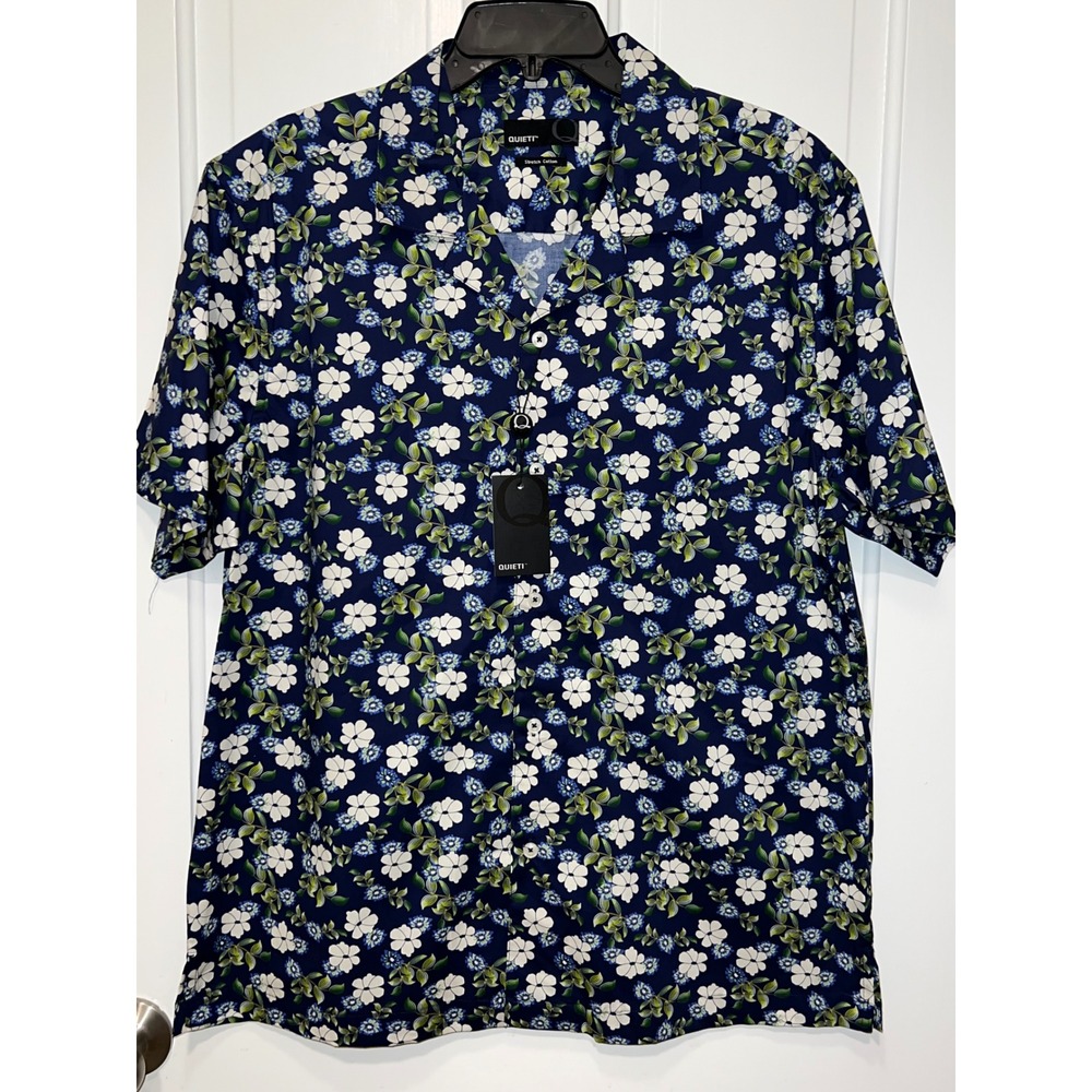 NWT Quieti Mens Floral Stretch Cotton Short Sleeve Button Up Shirt Navy Blue L